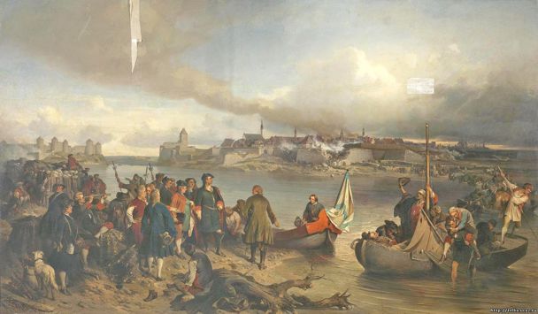 Картина А.Е. Коцебу (1880)  «Взятие Нарвы» в 1704 году.